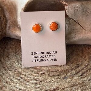 Handcrafted Native American Sterling Silver Orange Spiny Stone Stud Earrings